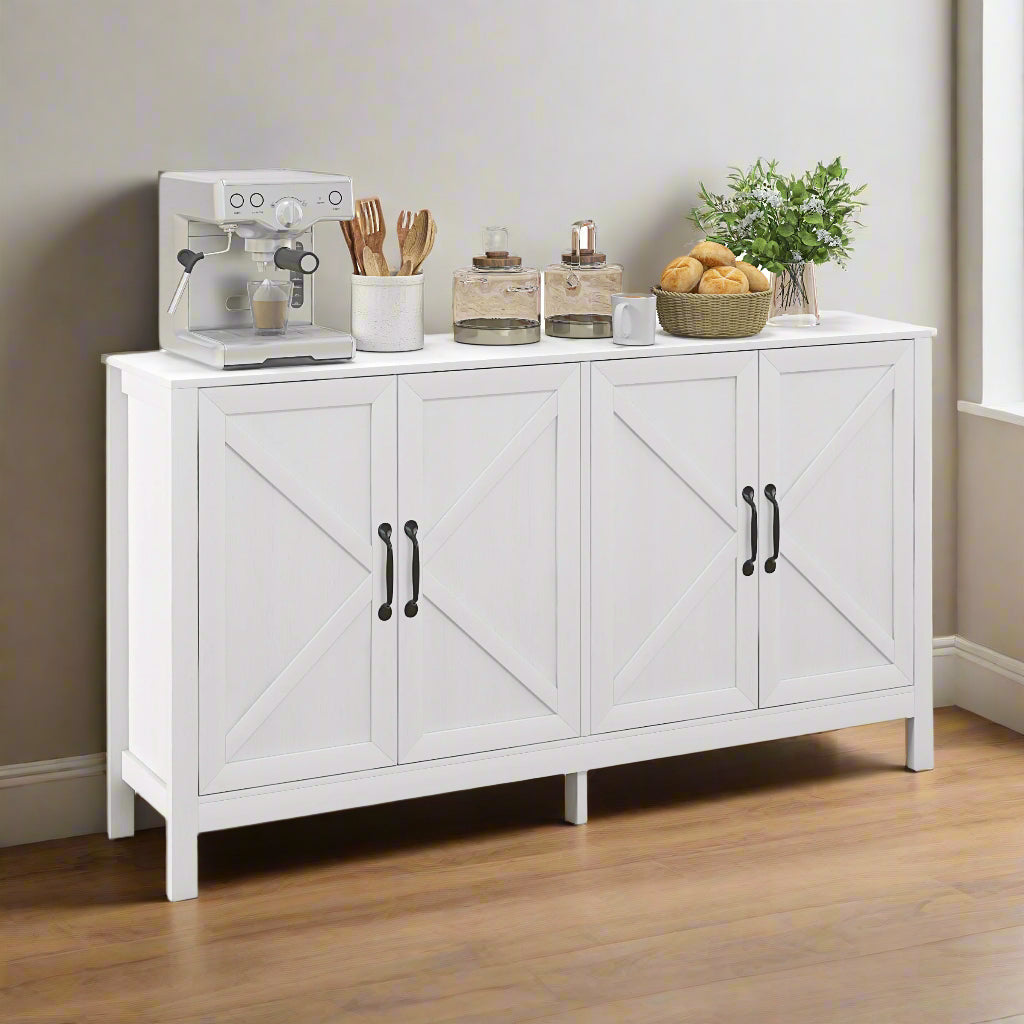 Farmhouse Buffet Storage Cabinet with Barn Door Design - White