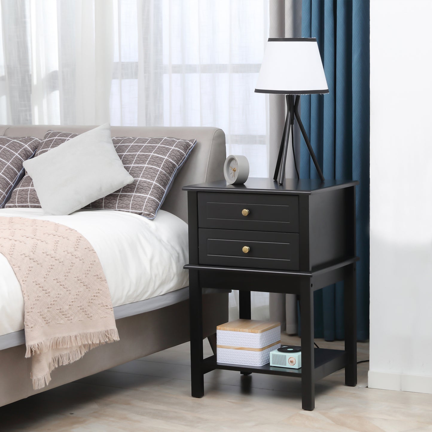 Black Modern End Table with Drawers and Storage Shelf