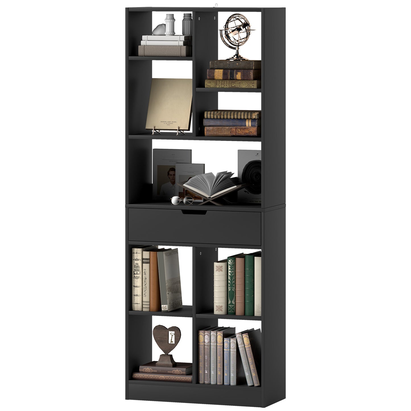 Tall Bookshelf with Drawer and Wide Worktop, Black