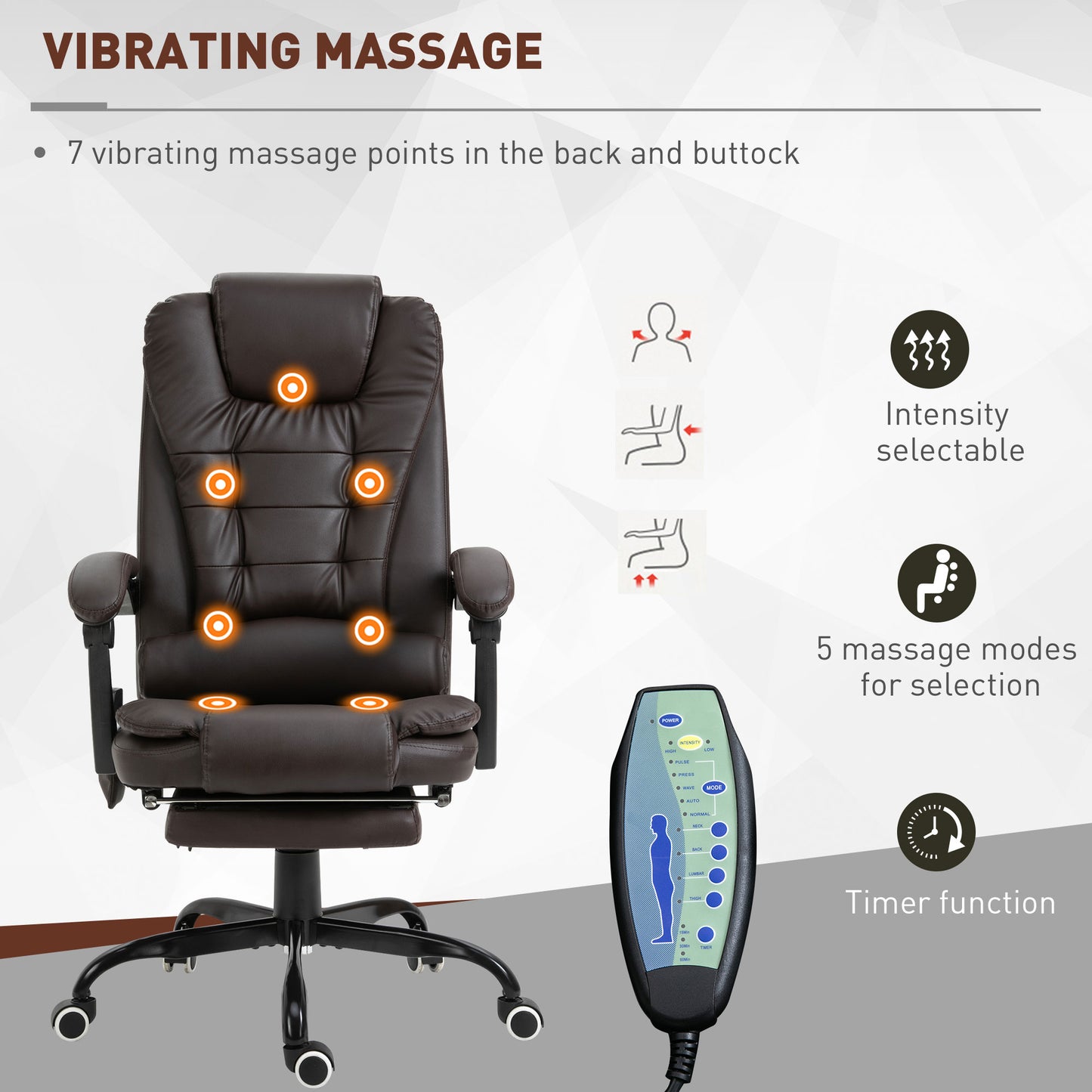 7-Point Vibrating Massage Office Chair with Footrest and Reclining Back, Brown