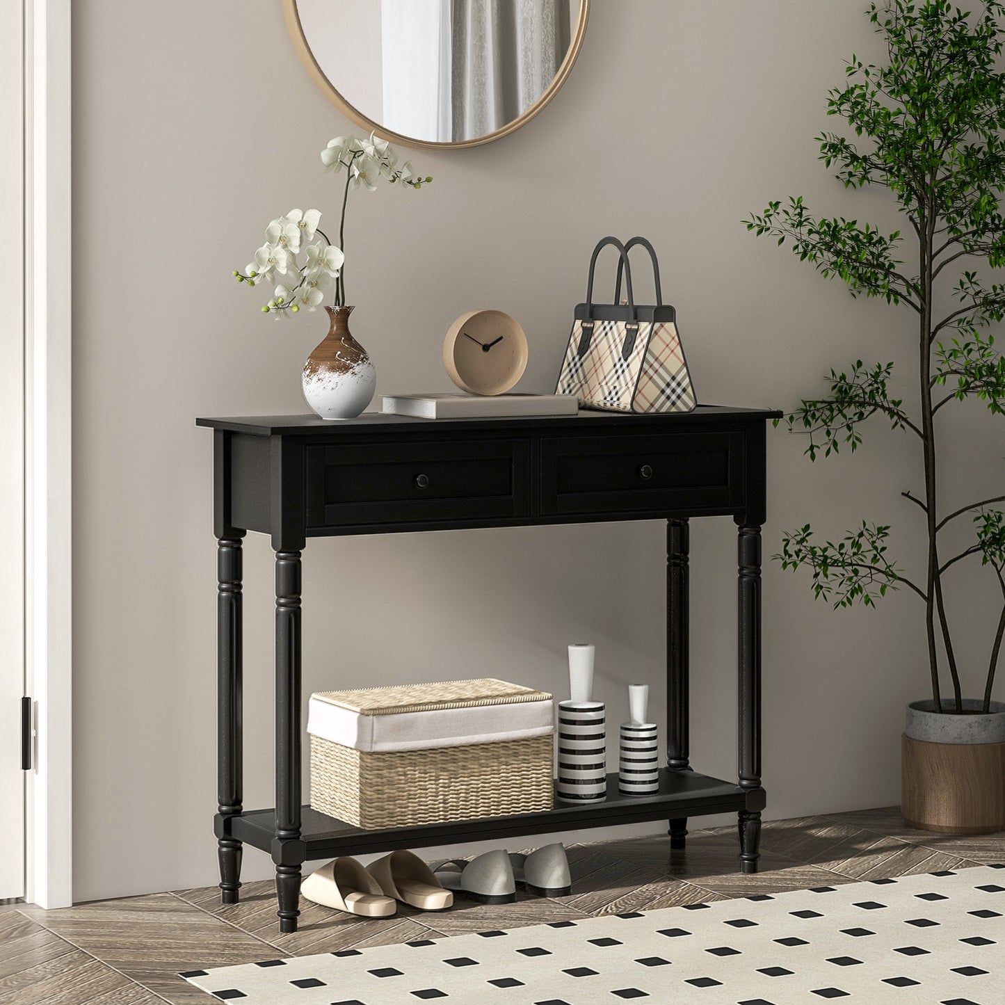 36" Console Table with Classic Turned Legs and Storage, Black
