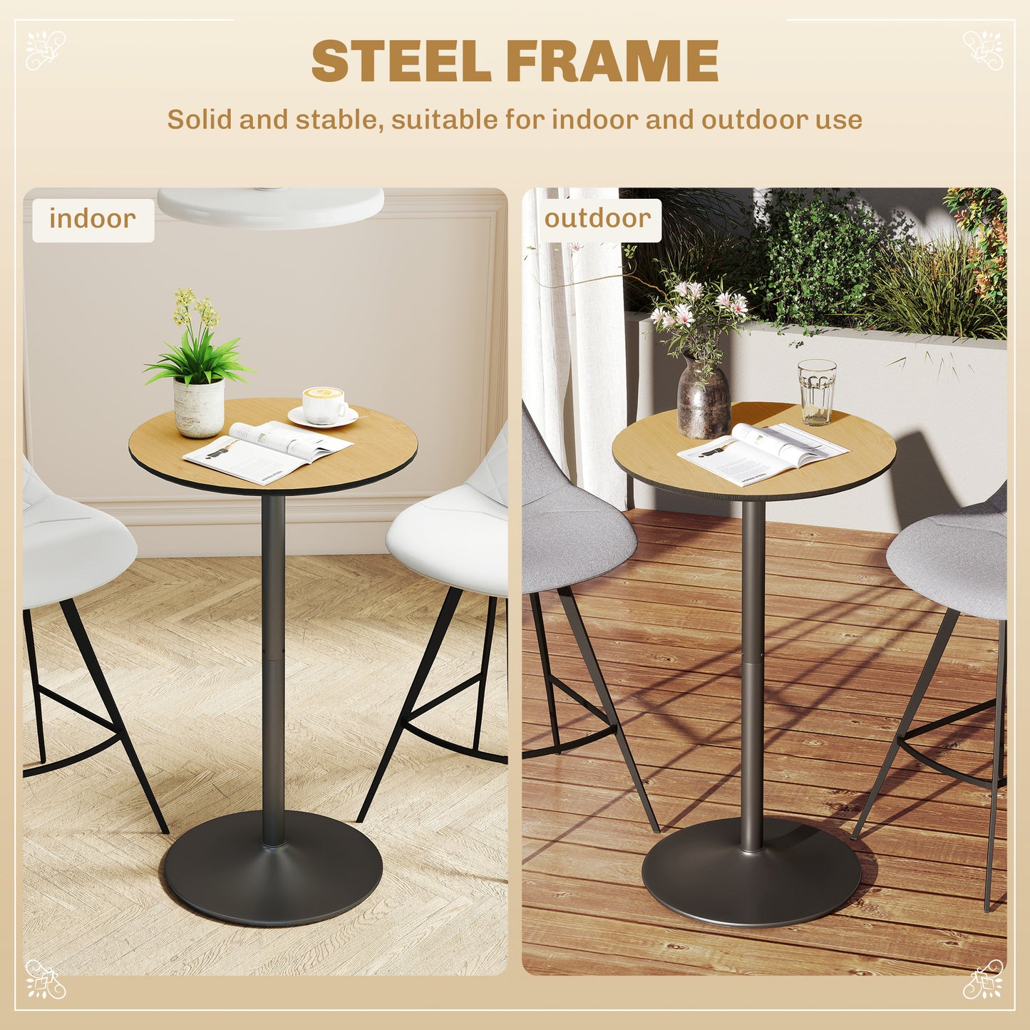 Bar Height Round Table with Wood Veneer Top for 2 People, Natural Wood