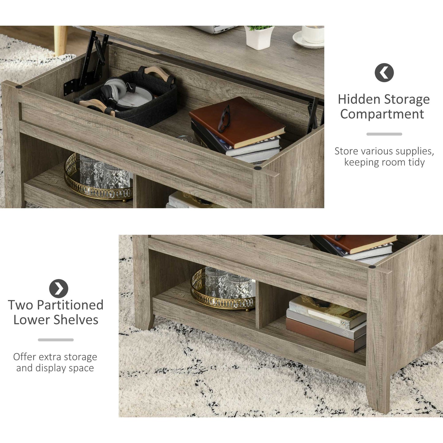 Lift Top Coffee Table with Hidden Storage, Oak Effect