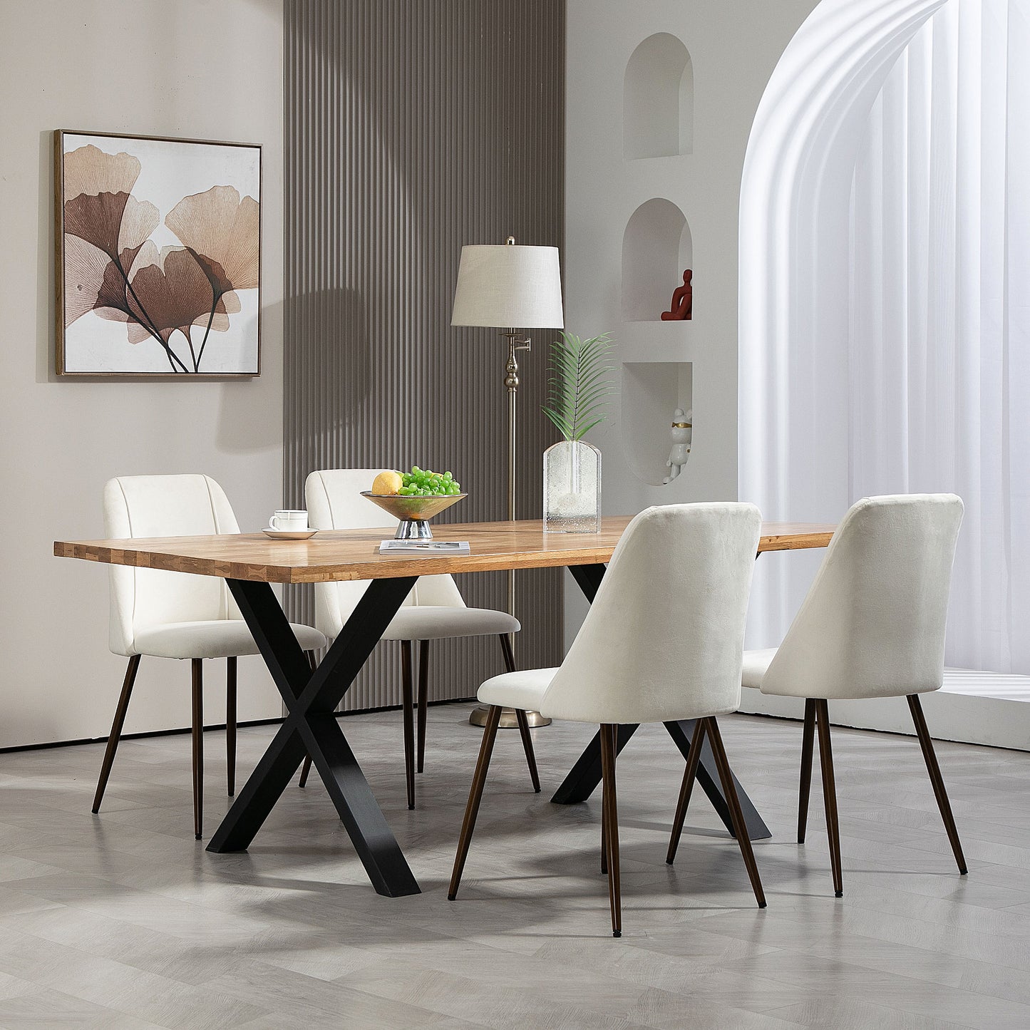 Velvet Upholstered Dining Chairs with Wood Grain Steel Legs, Cream White (Set of 4)