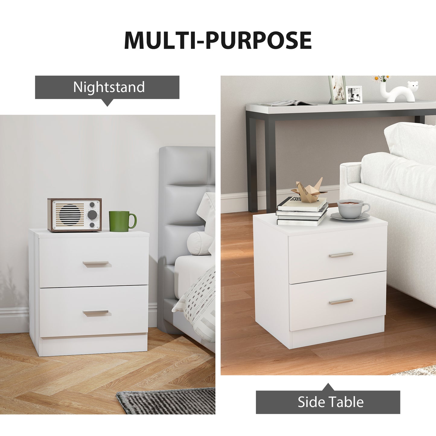 Modern Bedside Table with 2 Storage Drawers, White