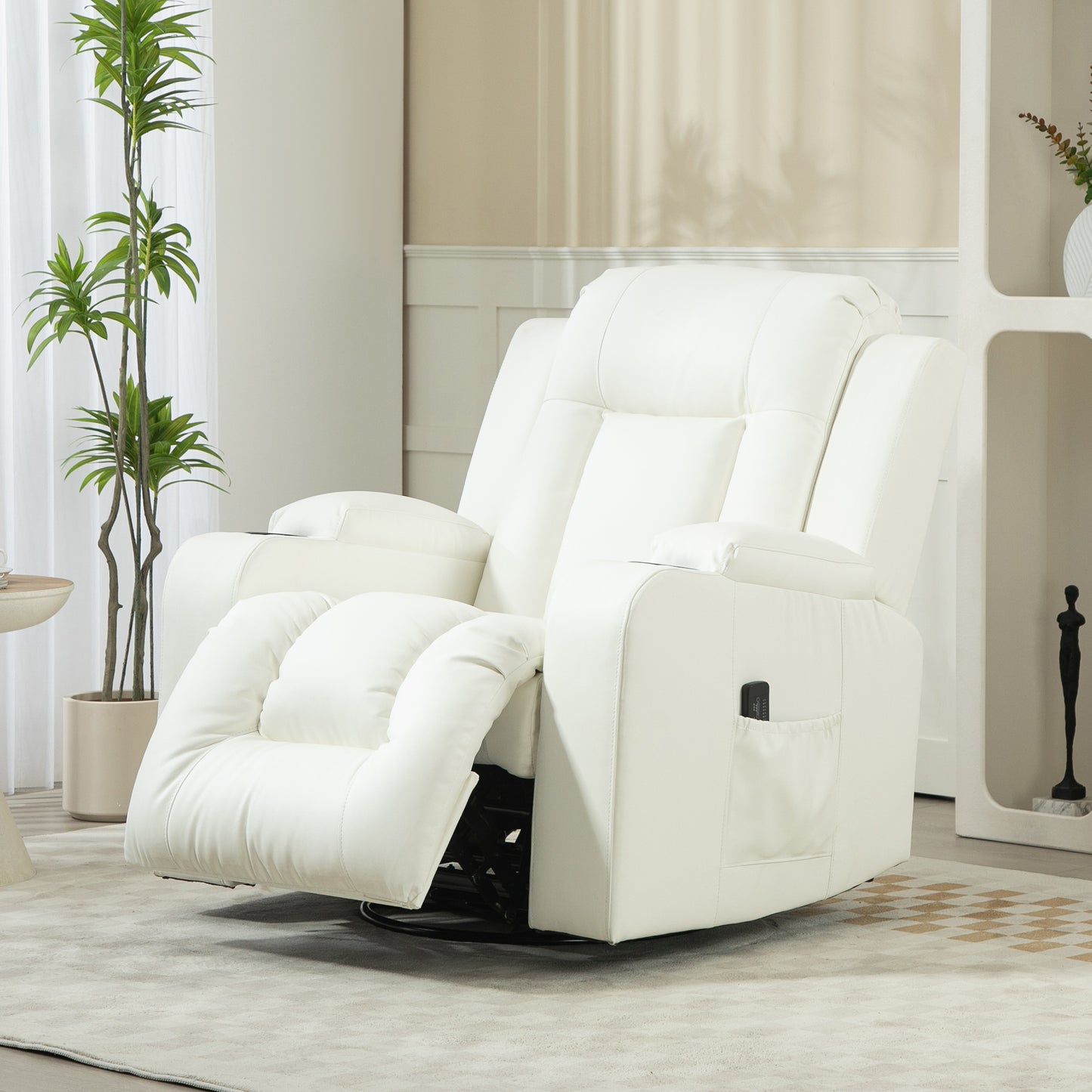 360° Swivel Massage Recliner Chair with Cup Holders, Cream White