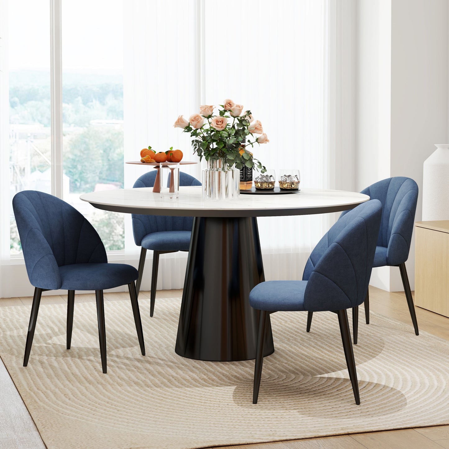 Upholstered Dining Chairs with Shell Backrest and Metal Legs, Blue (Set of 4)