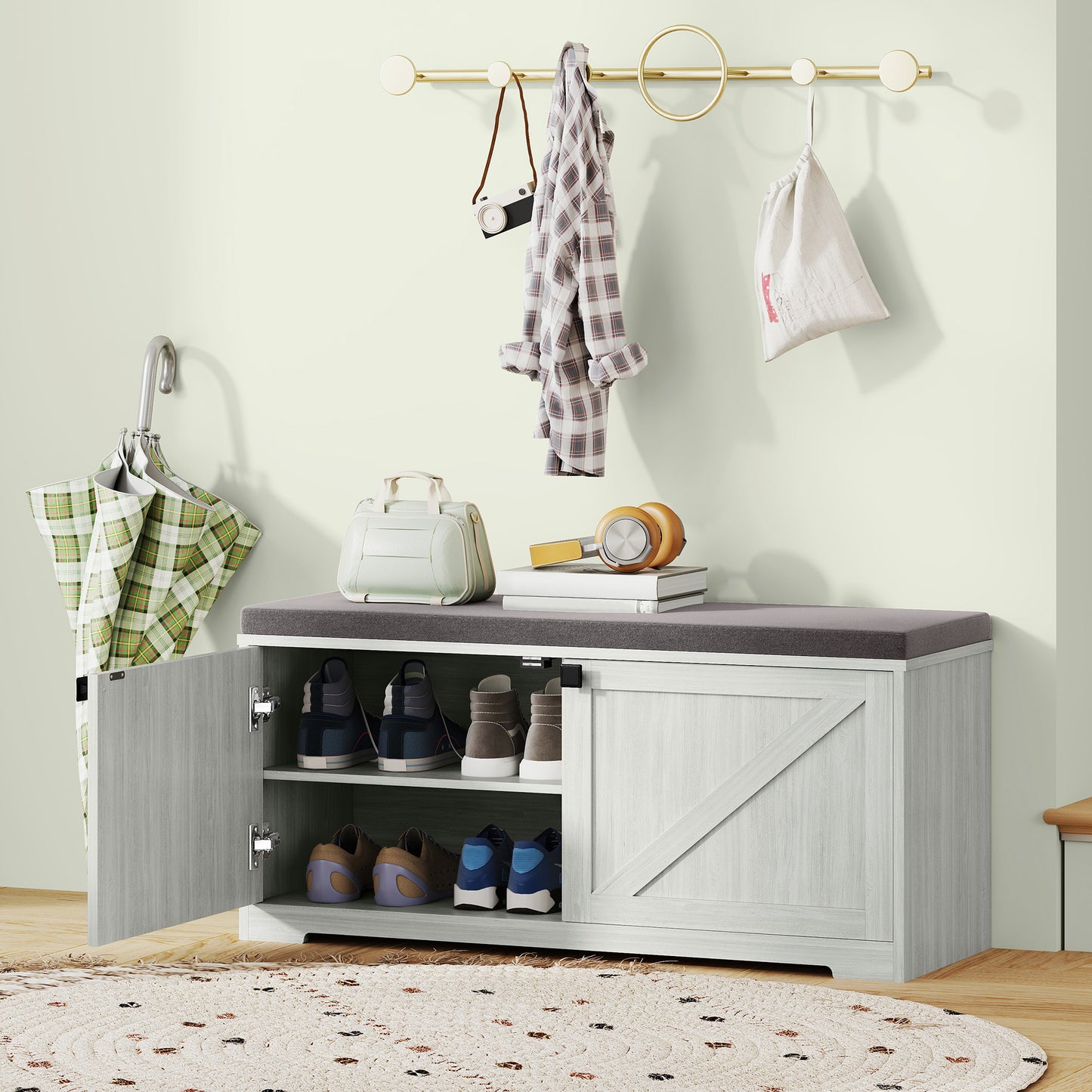 Padded Shoe Storage Bench with 4 Compartments for 8 Pairs, Light Grey