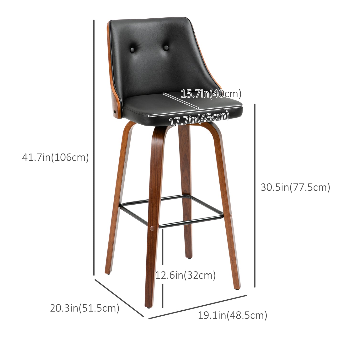 Swivel Bar Stools with Tufted PU Leather and Wood Legs, Black (Set of 2)