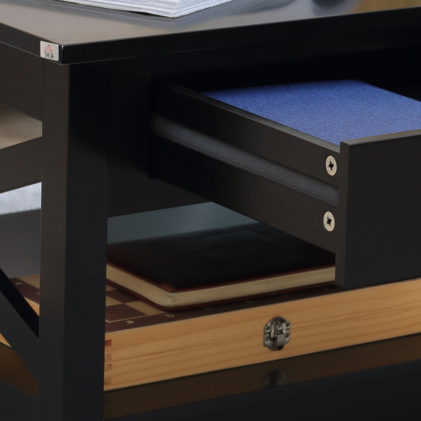 Farmhouse Coffee Table with Drawers and X-Frame, Black