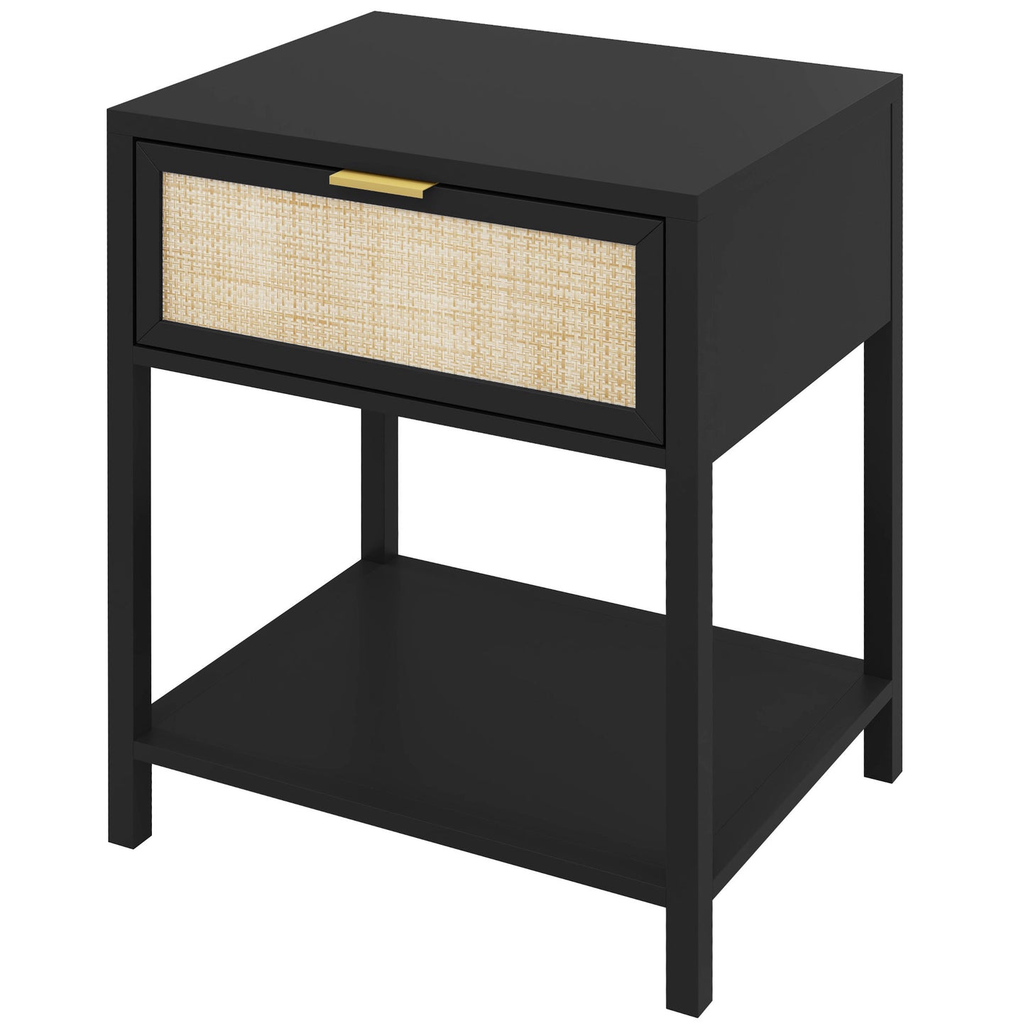 Boho Nightstand with Rattan Drawer and Open Shelf, Black