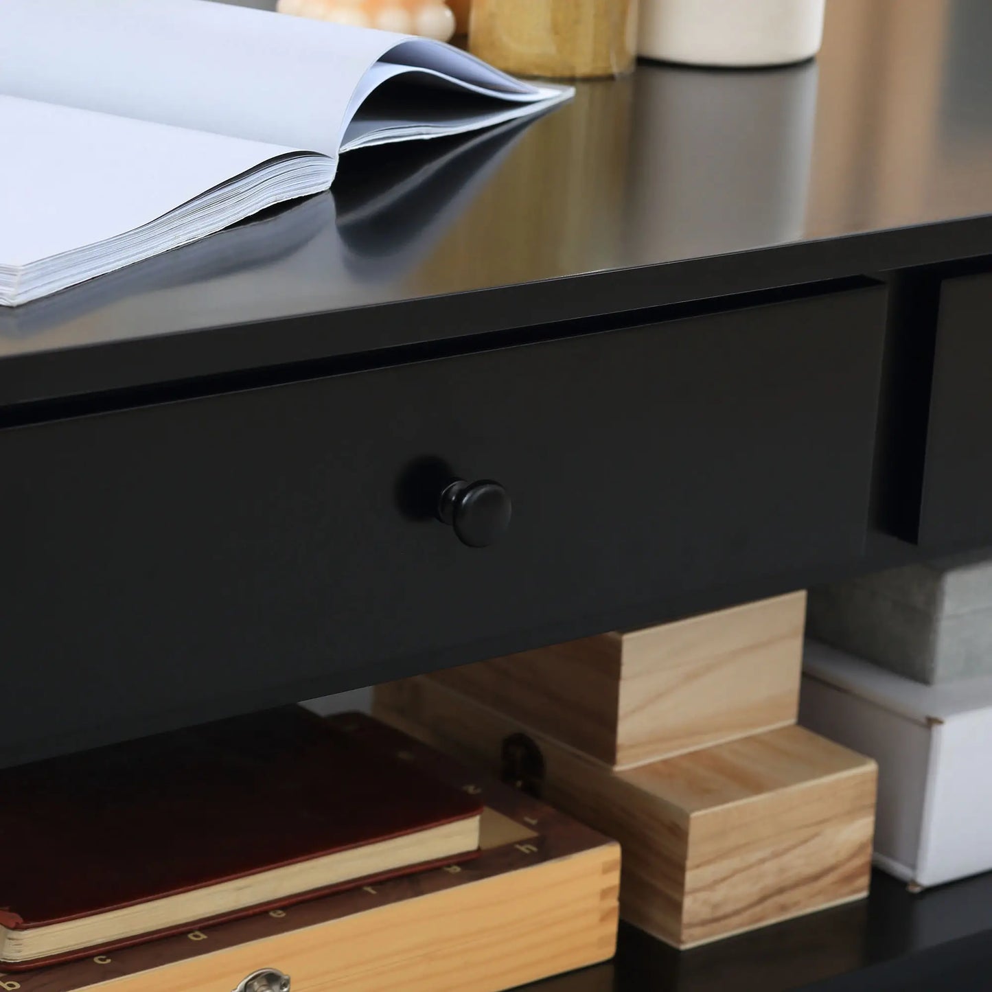 Farmhouse Coffee Table with Drawers and X-Frame, Black