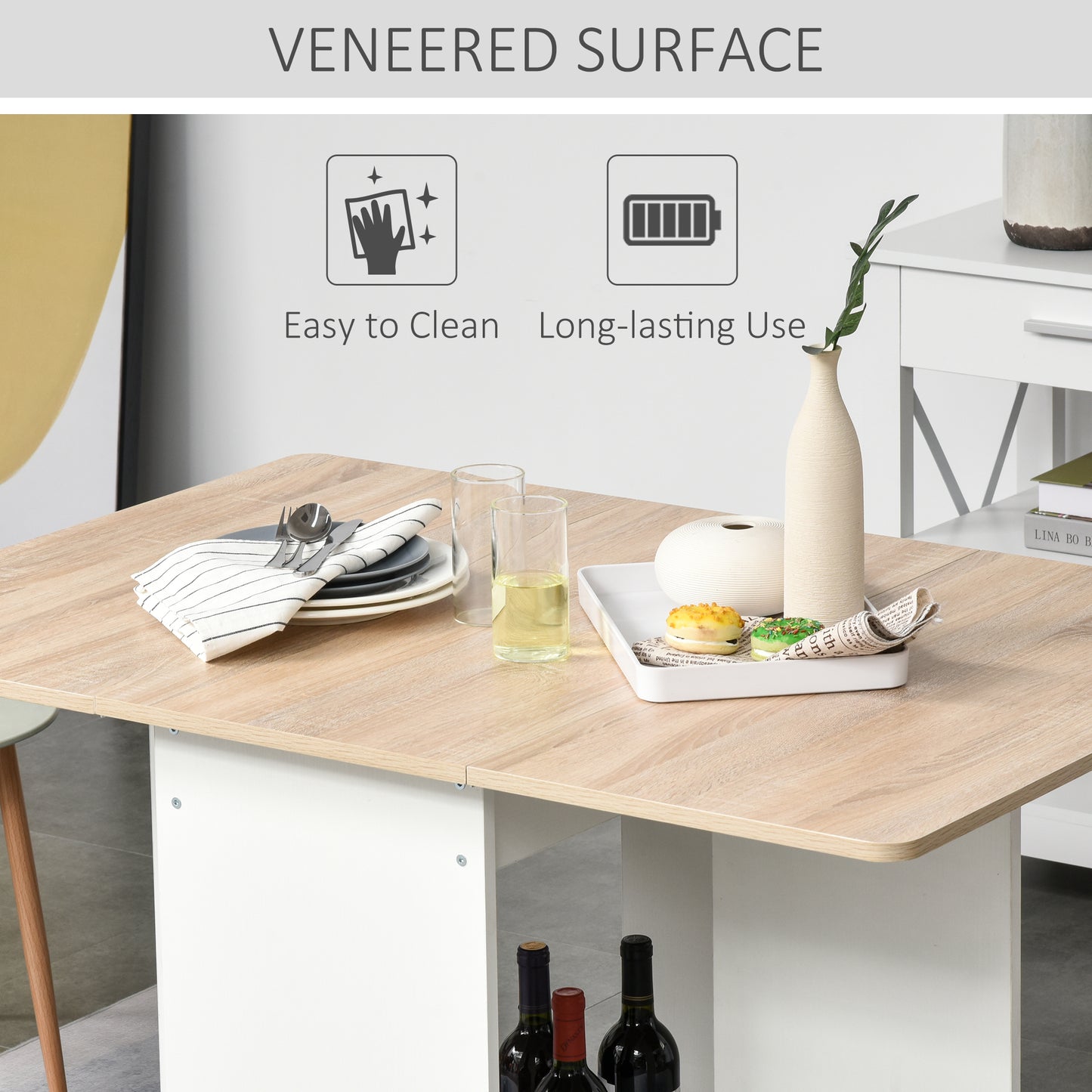 Foldable Drop-Leaf Dining Table with Storage Shelf, Oak and White