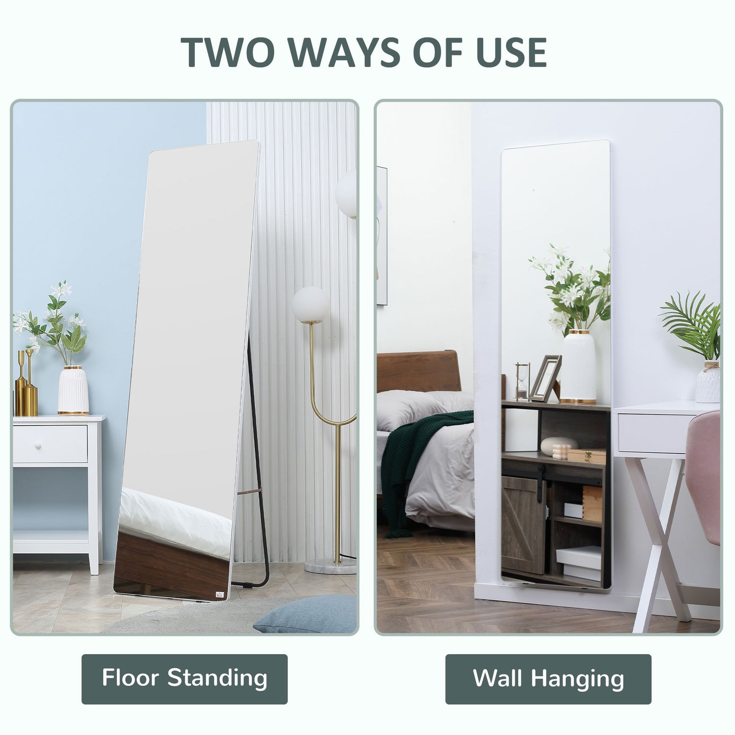 Full Length Rectangular Mirror with Silver Frame, 63" x 18", Multi-Position Design