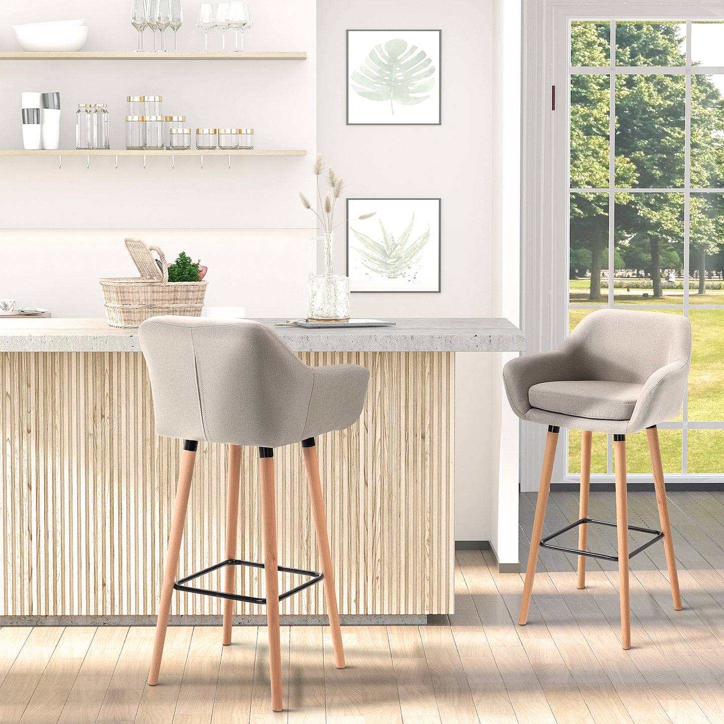 Bar Stools with Linen Fabric and Beech Wood Legs, Beige (Set of 2)