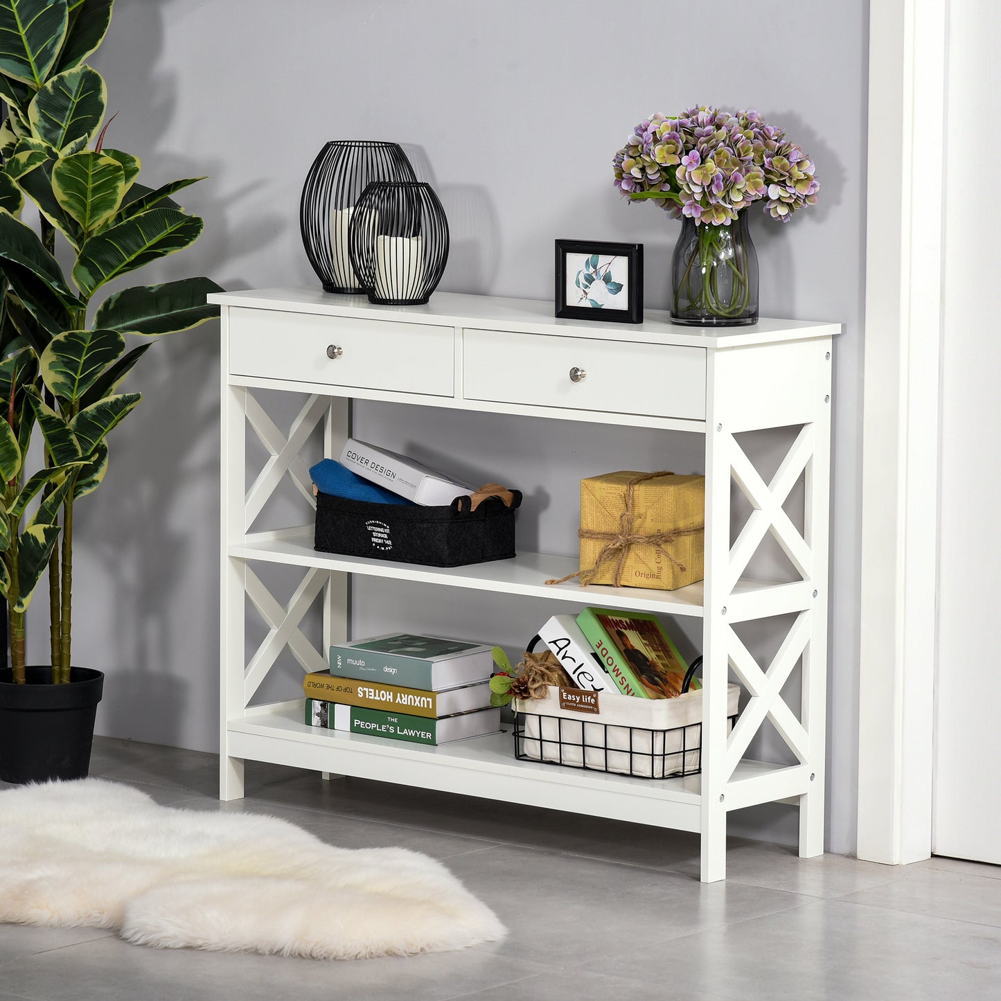 39" Console Table with X-Frame Design and Storage Drawers, White