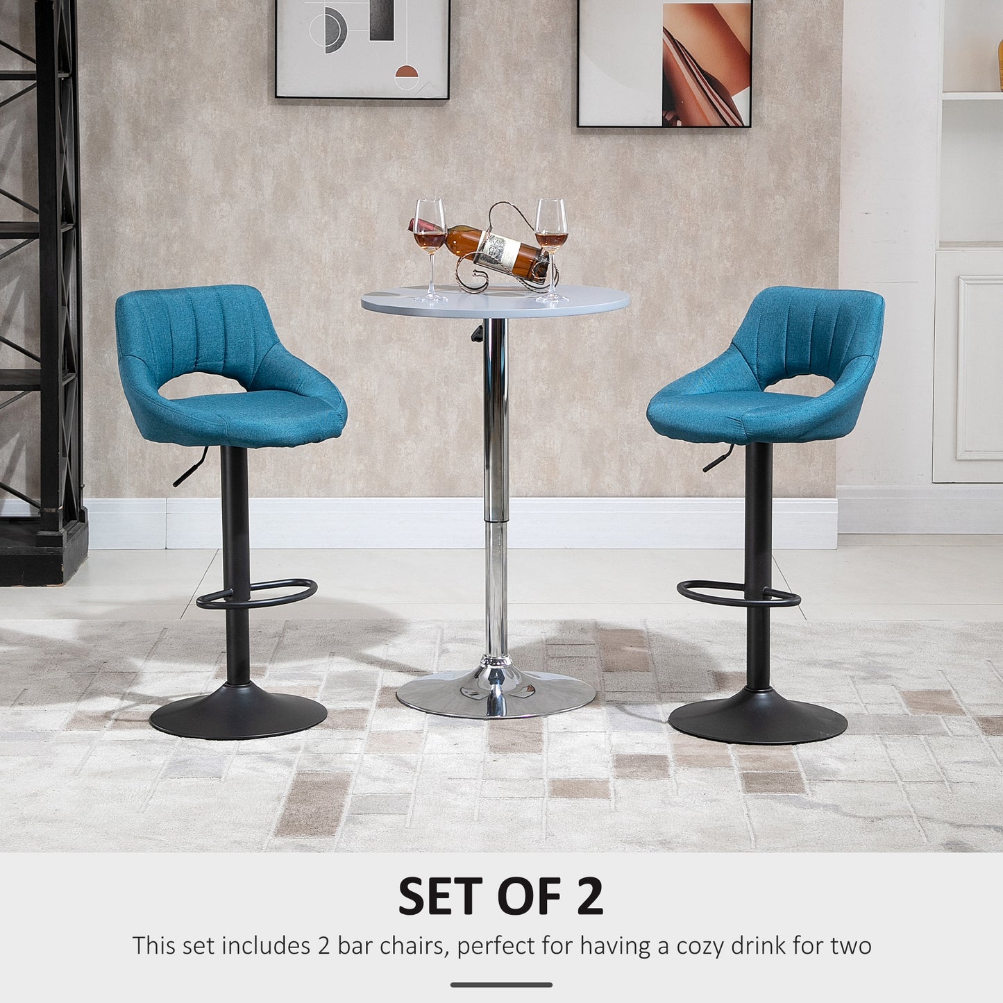 Adjustable Height Swivel Bar Stools with Linen Upholstery, Blue (Set of 2)