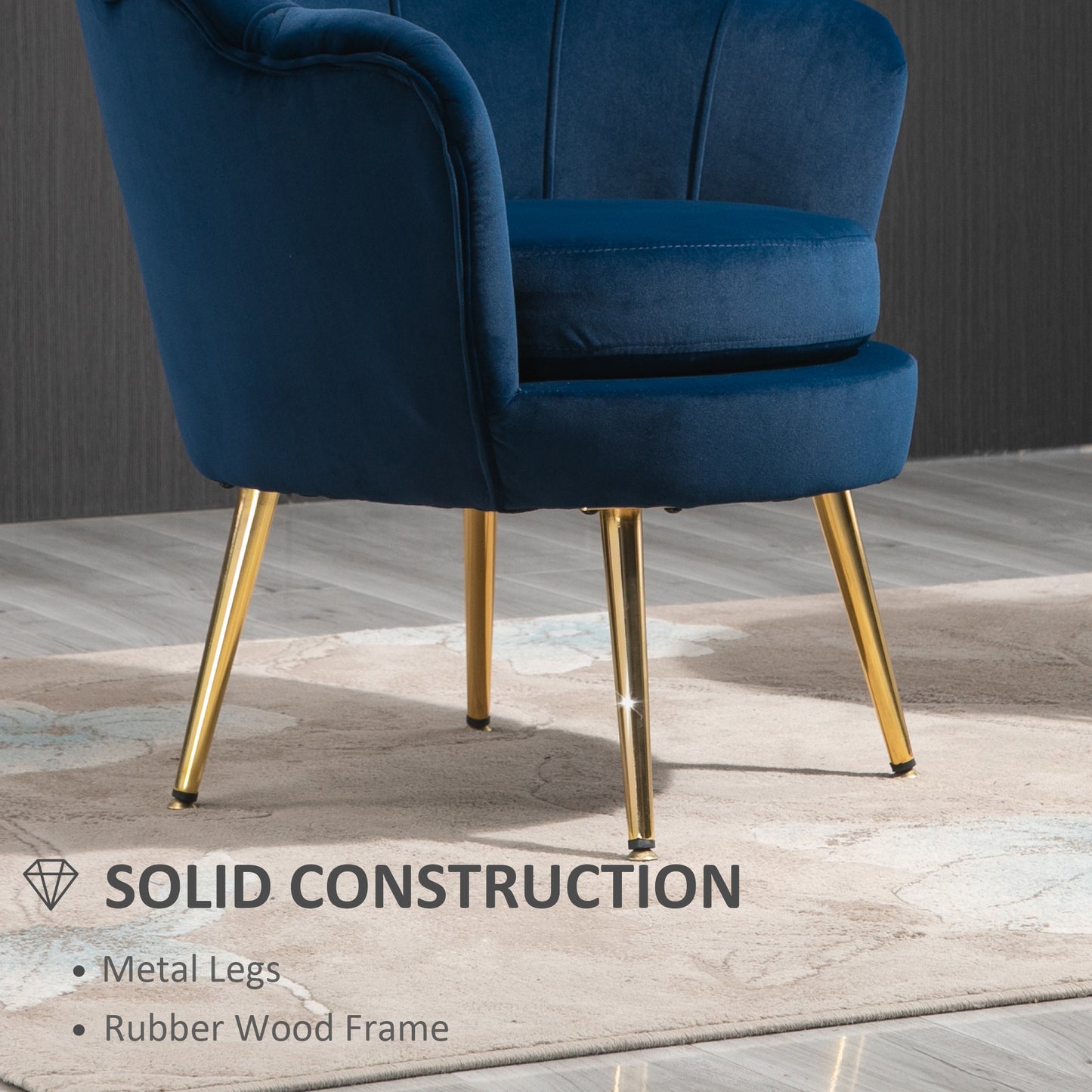 Modern Velvet Accent Chair with Lotus Backrest and Gold Legs, Blue