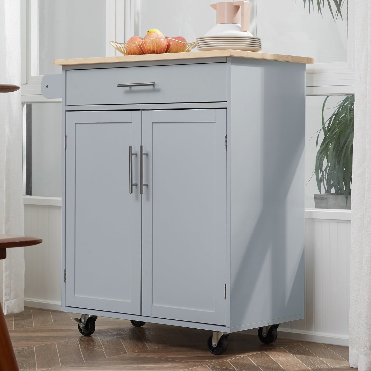 Rolling Kitchen Island Cart with Wood Top, Storage Drawer and Towel Rack, Grey