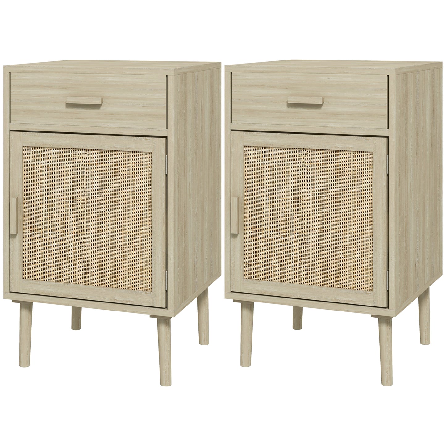 Boho Nightstands with Rattan Cabinet and Adjustable Shelf, Oak (Set of 2)