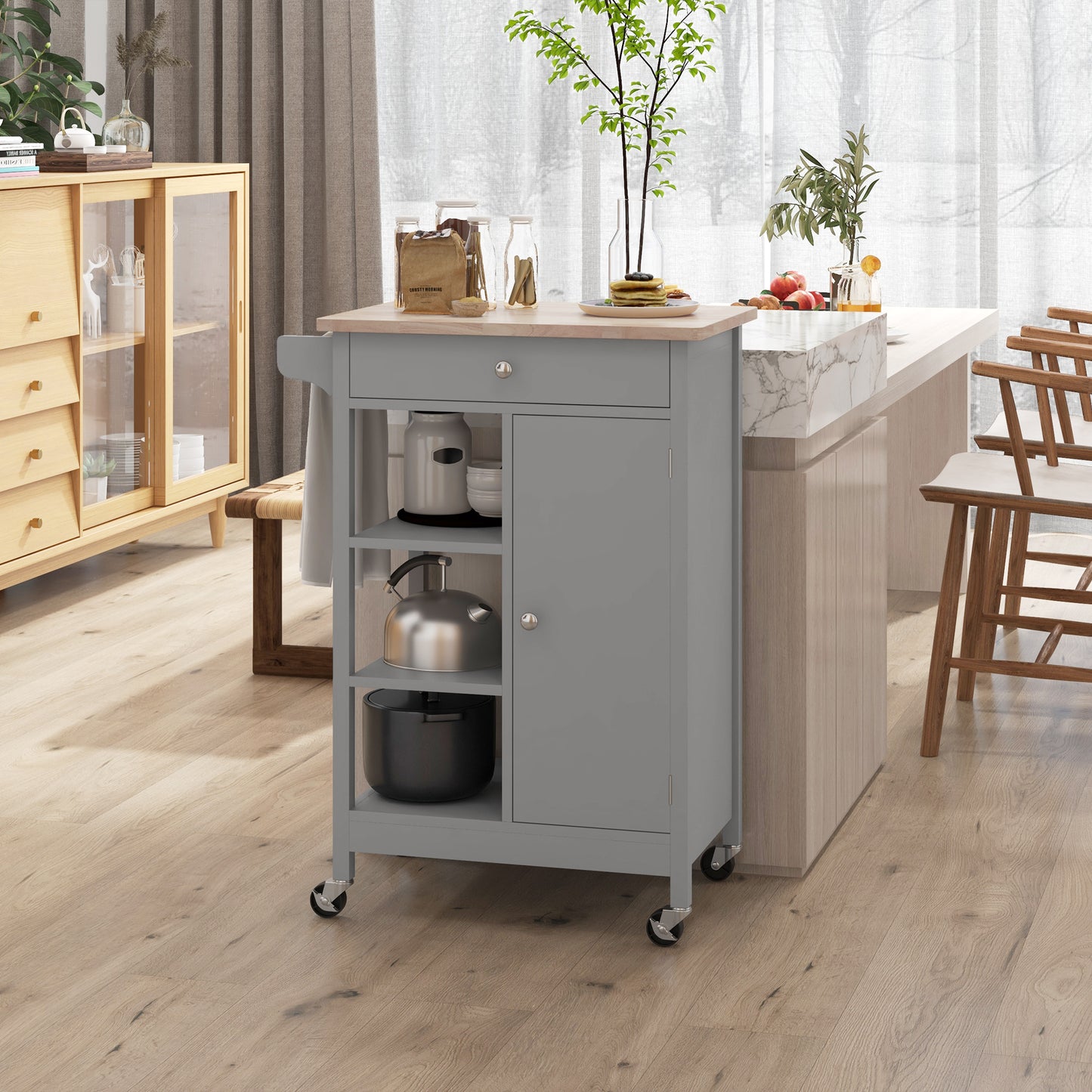 Modern Rolling Kitchen Island Cart with Natural Wood Top, Grey