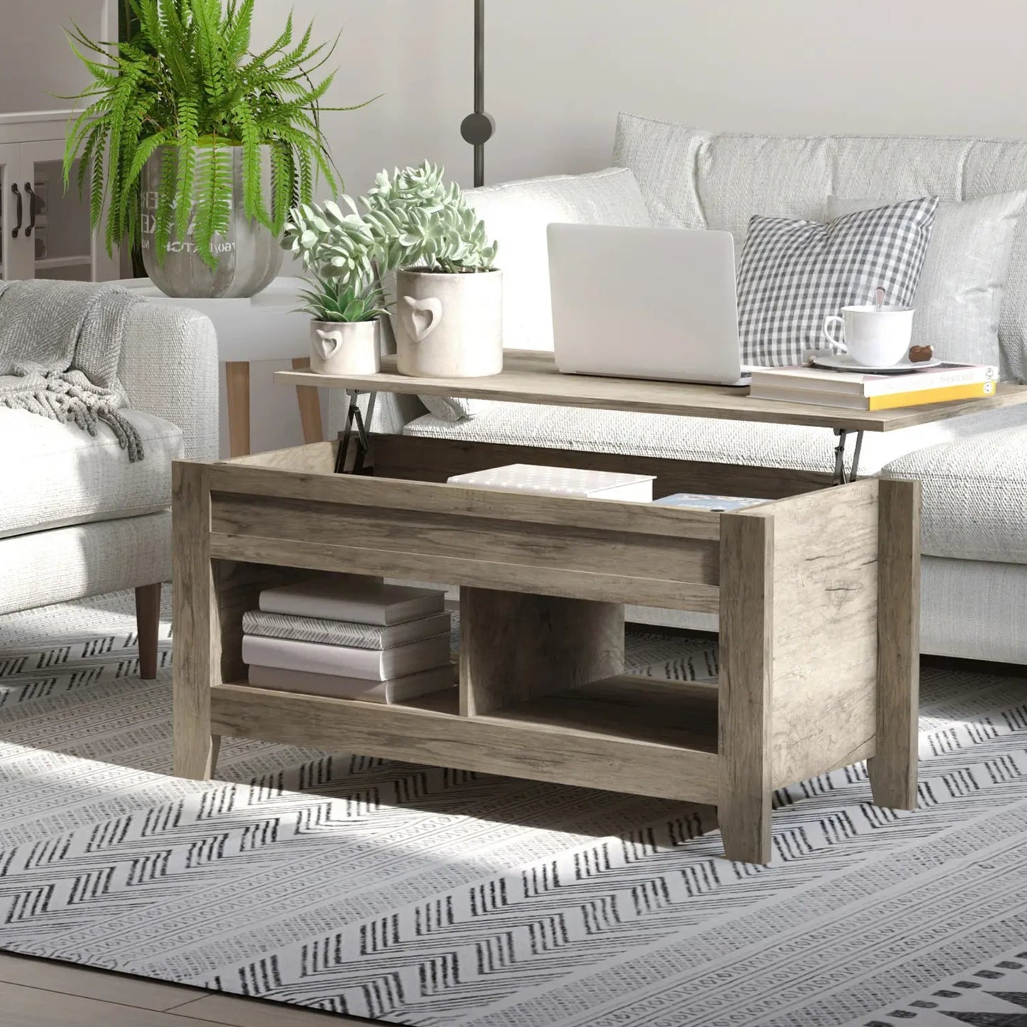 Living room with a coffee table, sofa, and decorative elements.
