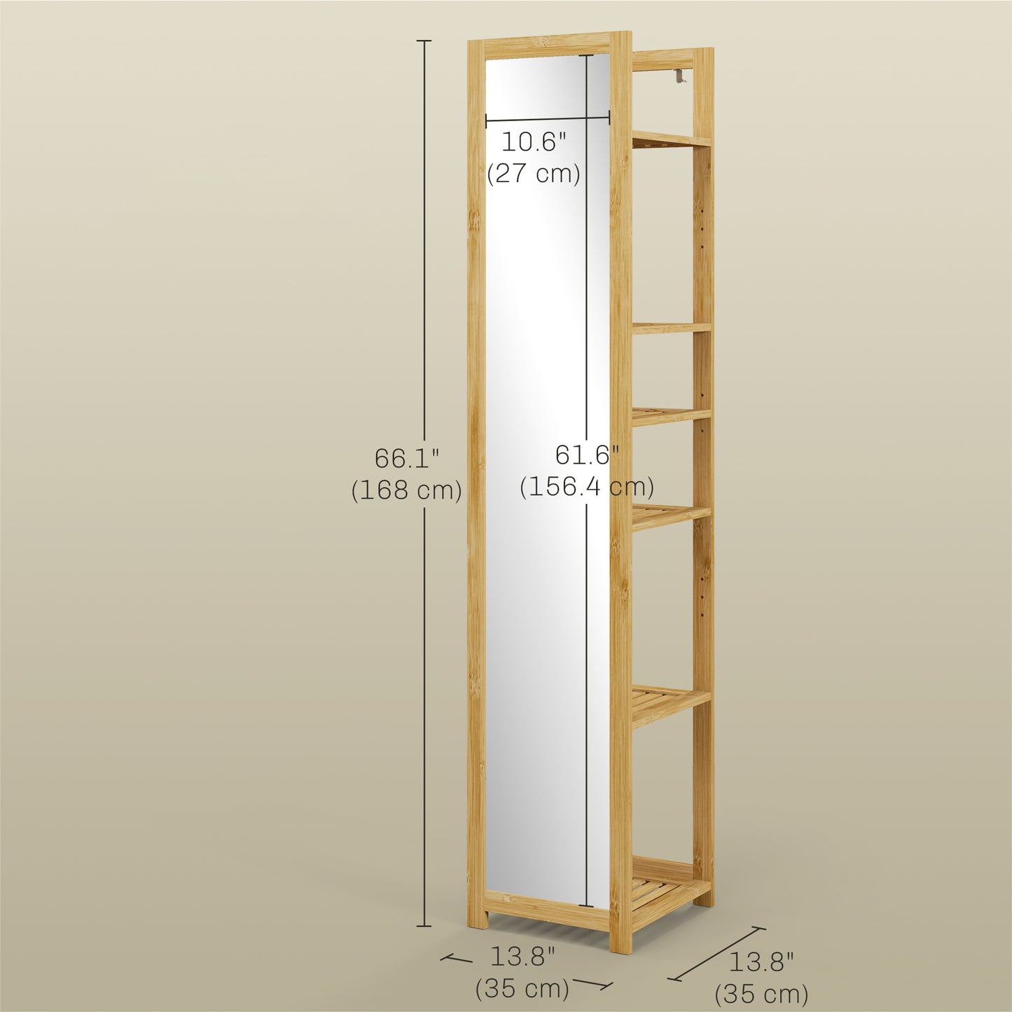 Standing Full Length Mirror with 6-Tier Storage Shelf, 66" x 14", Natural Wood