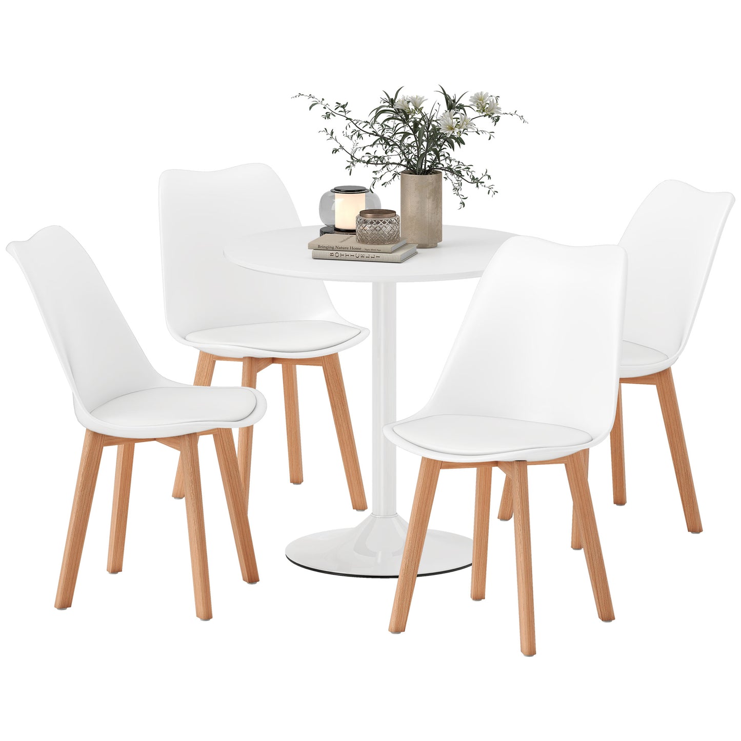 Round Dining Table Set with 4 Padded Chairs and Pedestal Base, White