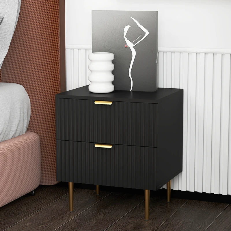 Modern Nightstand with Gold Finger Pulls and Fluted Drawers, Black