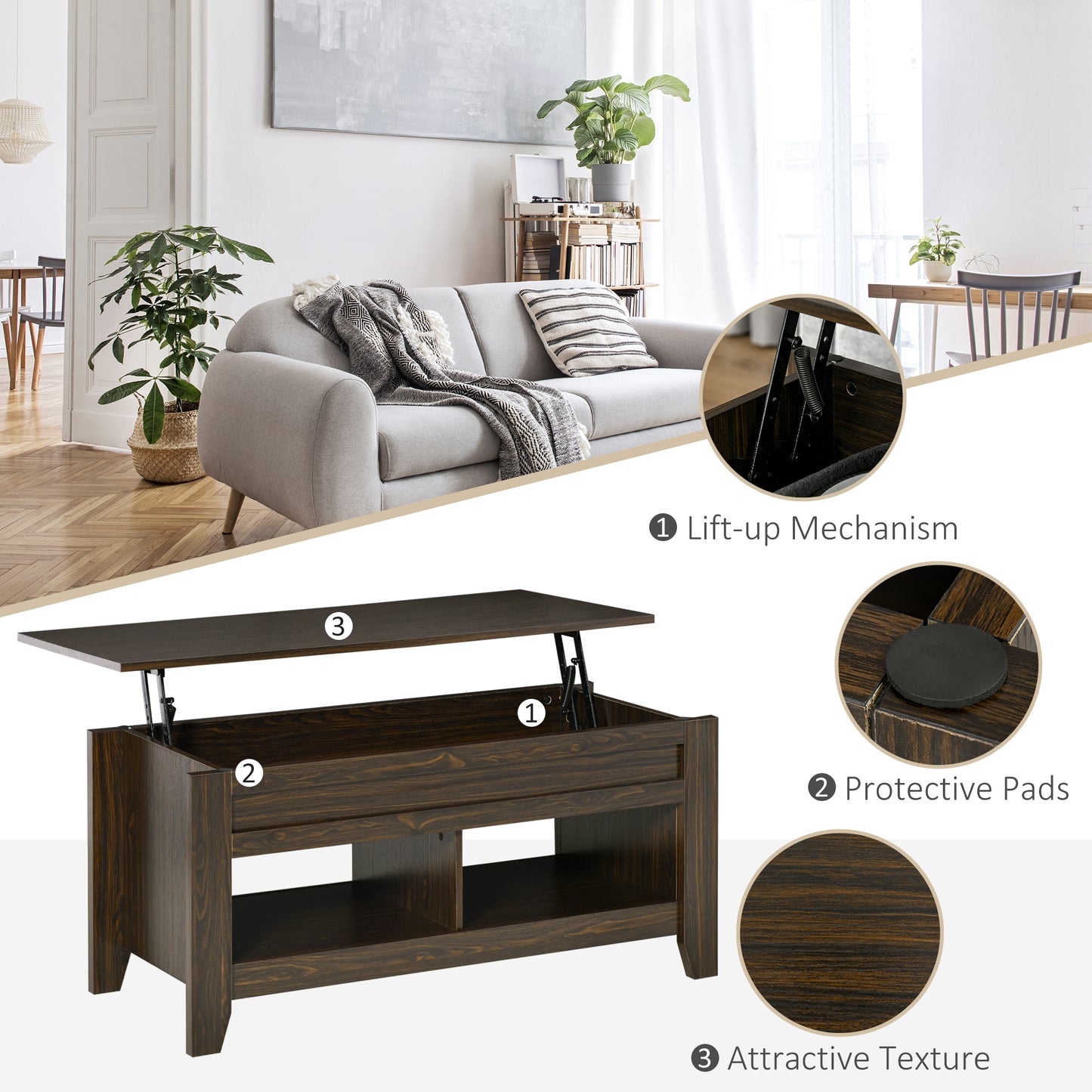 Lift Top Coffee Table with Hidden Storage, Dark Walnut