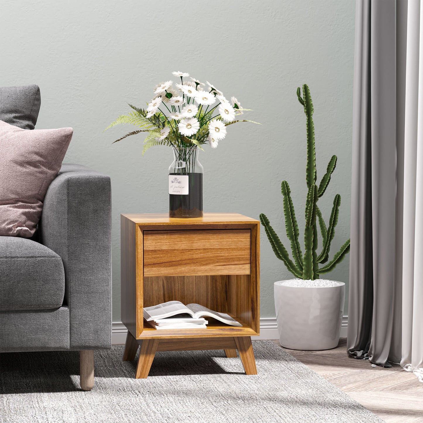Compact Bedside Table with Drawer and Open Shelf, Walnut Brown