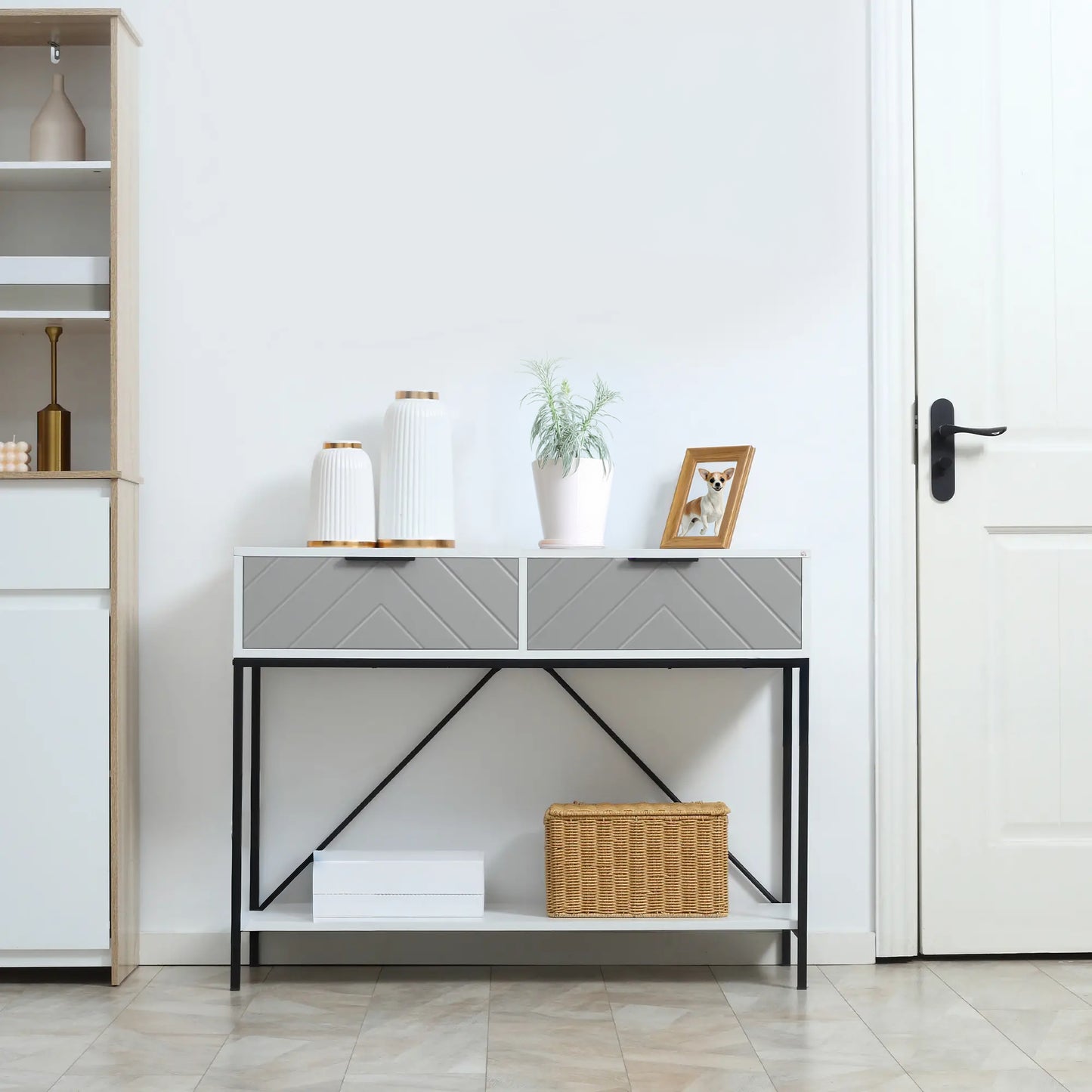 39" Modern Console Table with Herringbone Pattern Drawers, White