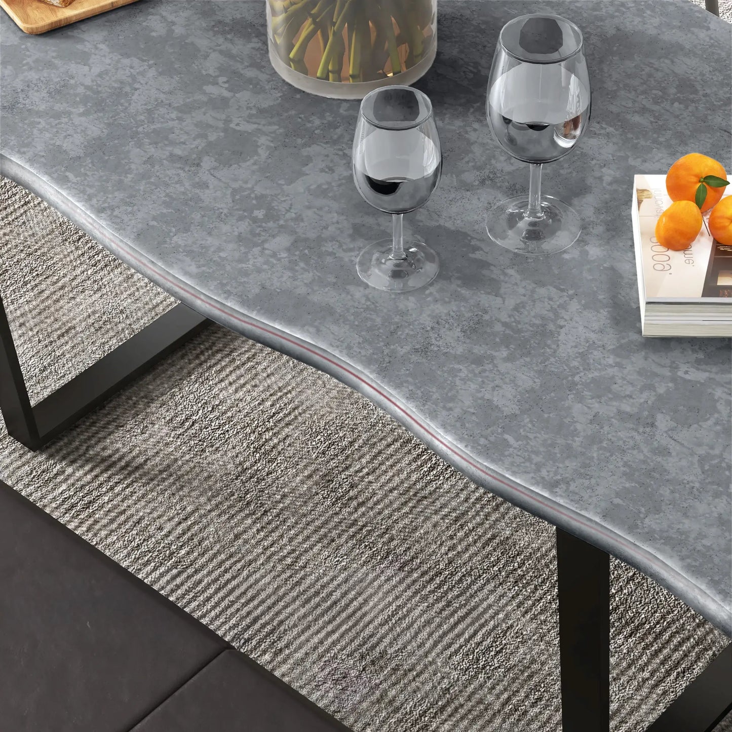 63" Industrial Dining Table with Wave Edge and Steel Legs - Cement Gray