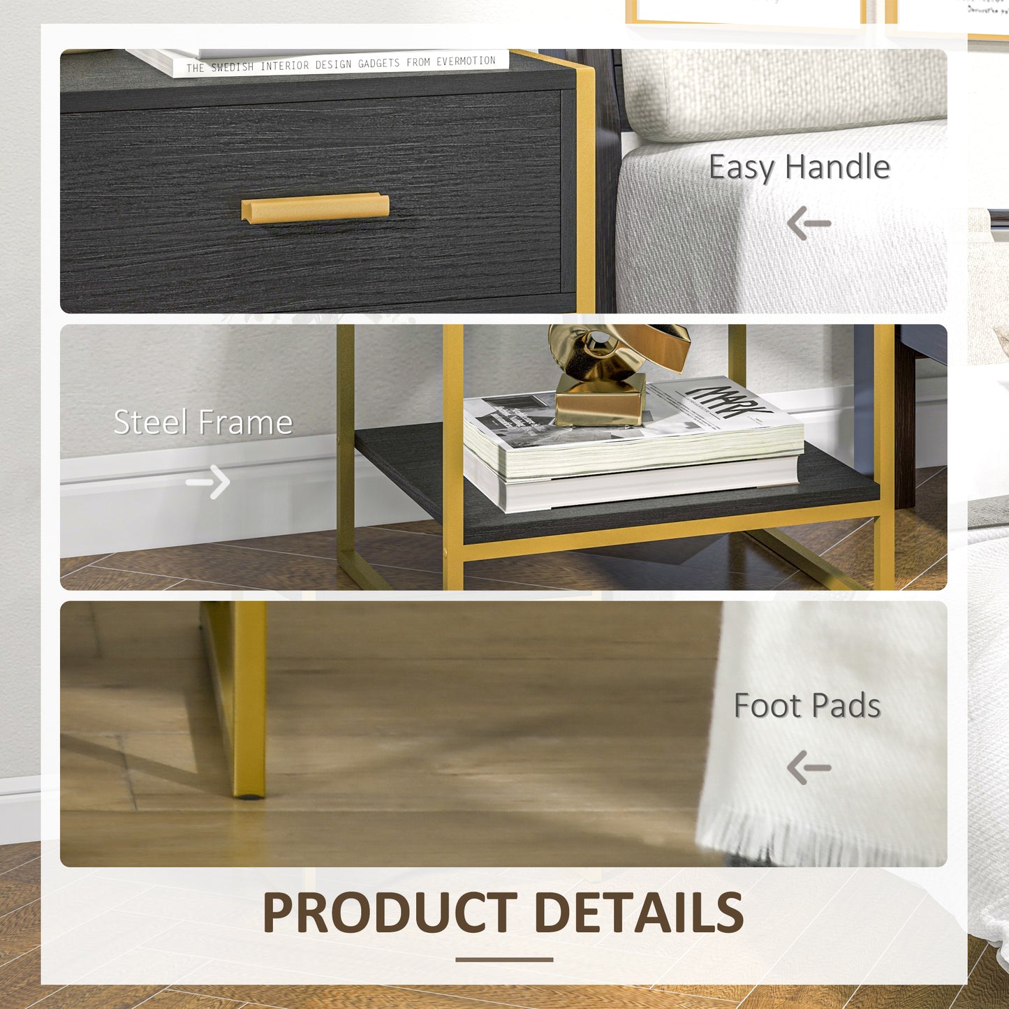 Modern Nightstands with Gold Steel Frame and Drawer, Black (Set of 2)