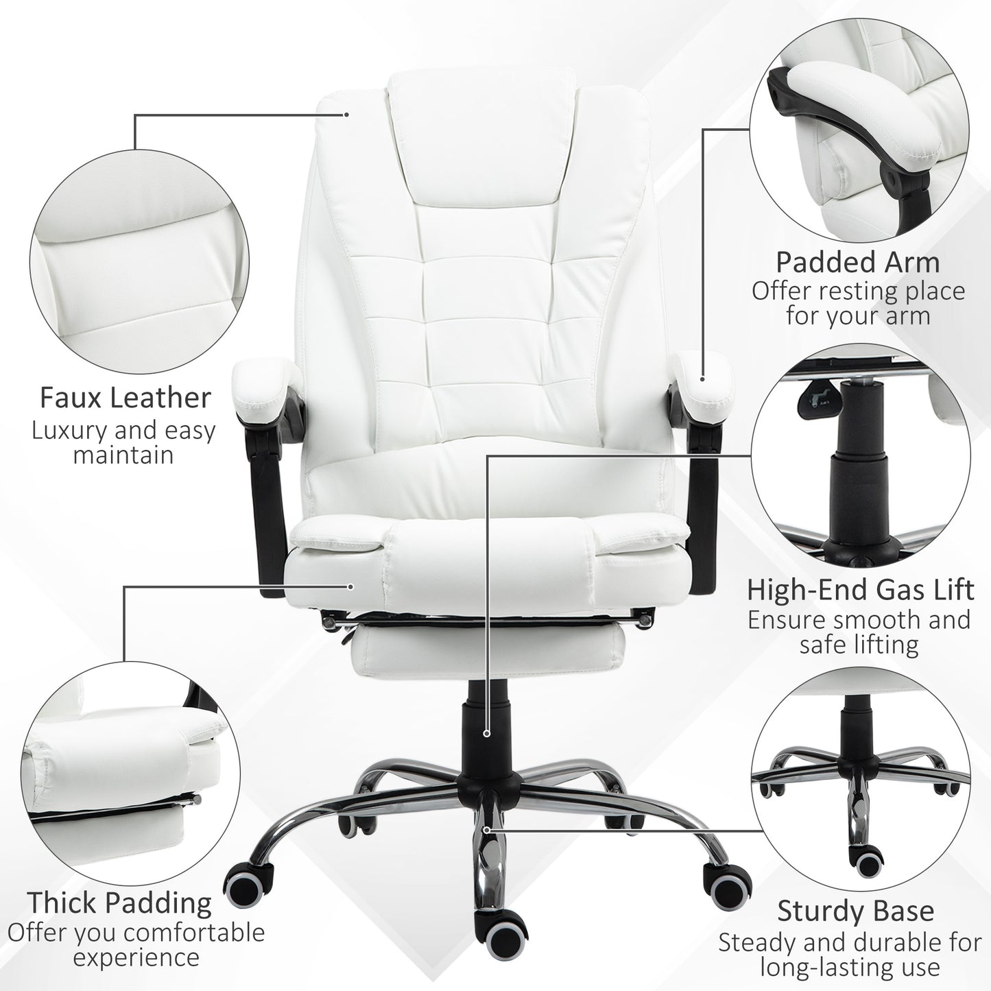 High Back Executive Office Chair with Retractable Footrest, White