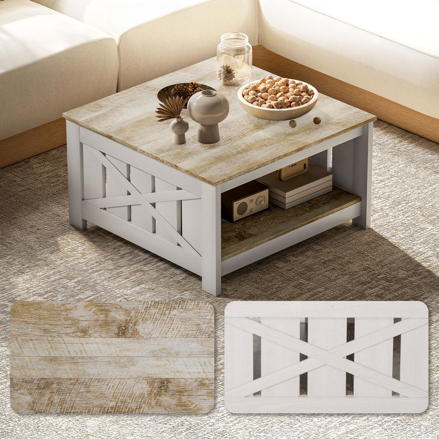Farmhouse Square Coffee Table with X-Frame Design - Distressed Oak and Brown