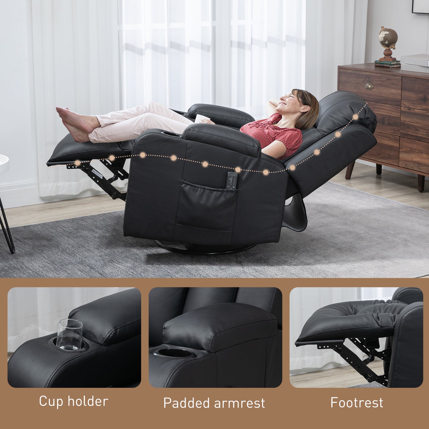 360° Swivel Massage Recliner Chair with Cup Holders, Black