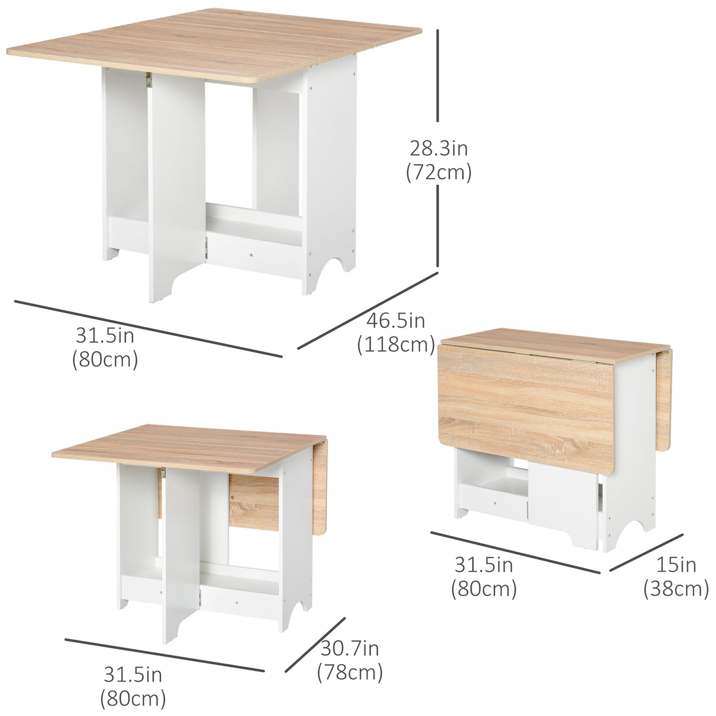 Foldable Drop-Leaf Dining Table with Storage Shelf, Oak and White