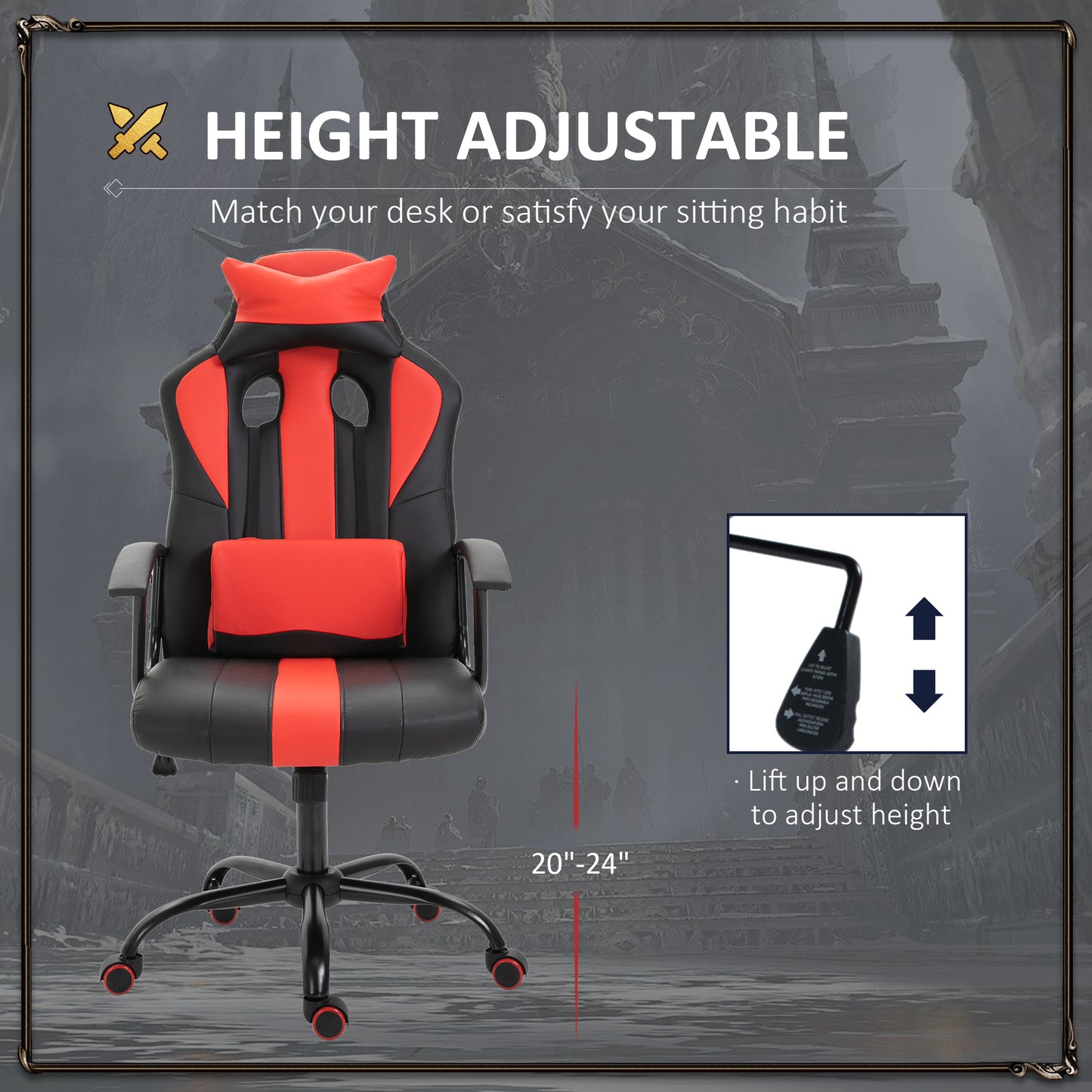 High-Back Racing Style Gaming Chair with Lumbar Support, Red and Black