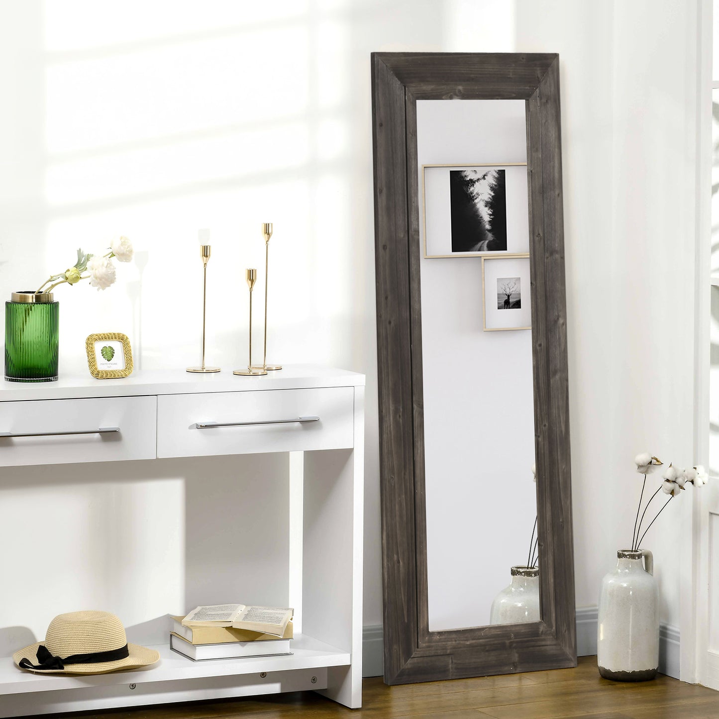 Farmhouse Full Length Mirror, 59" x 23.5", Wall Mount or Leaner with Dark Brown Frame