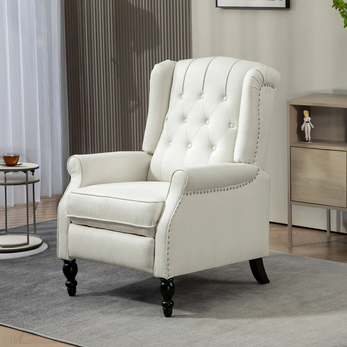 Wingback Reclining Chair with Button Tufting, Cream White