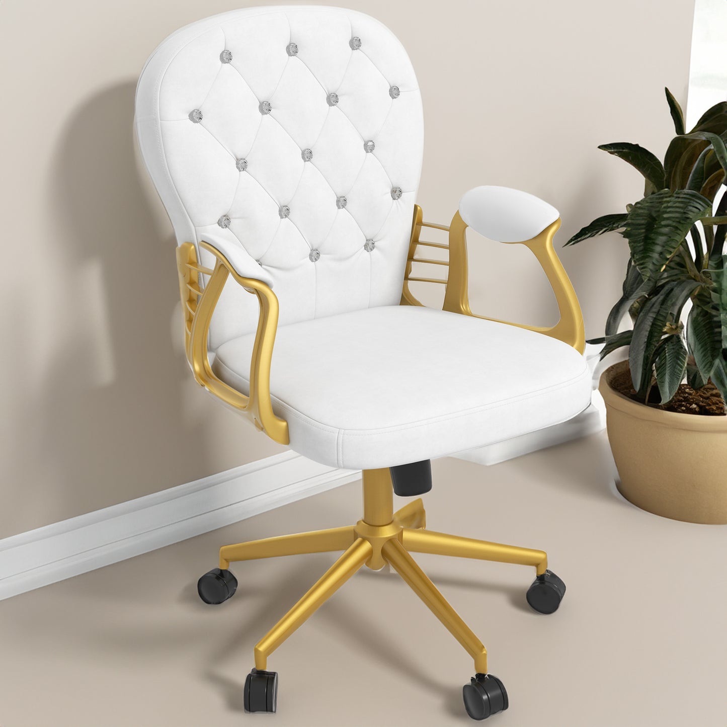 Button-Tufted Velvet Office Chair with Adjustable Height - Gold & White
