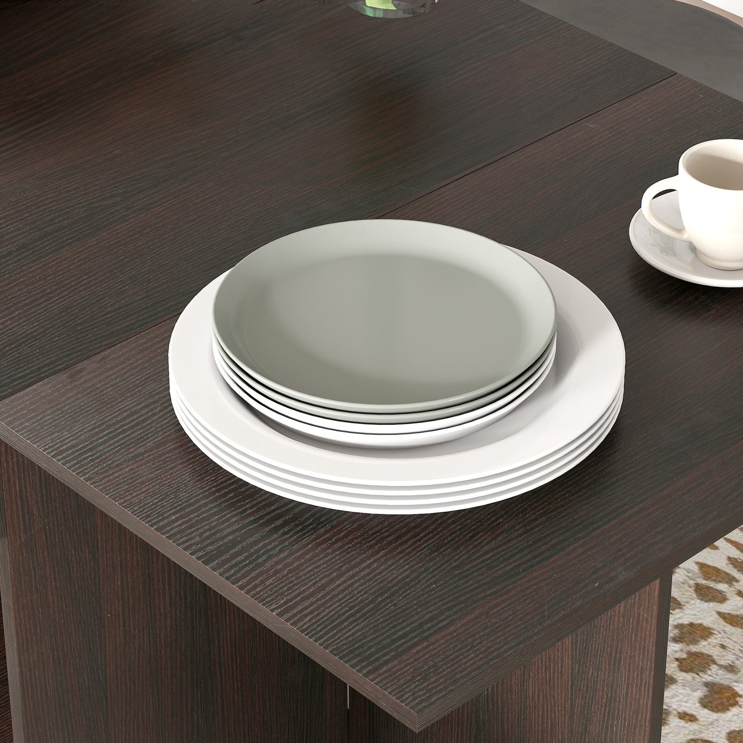 Folding Dining Table with Drawer and Storage Shelves - Dark Brown
