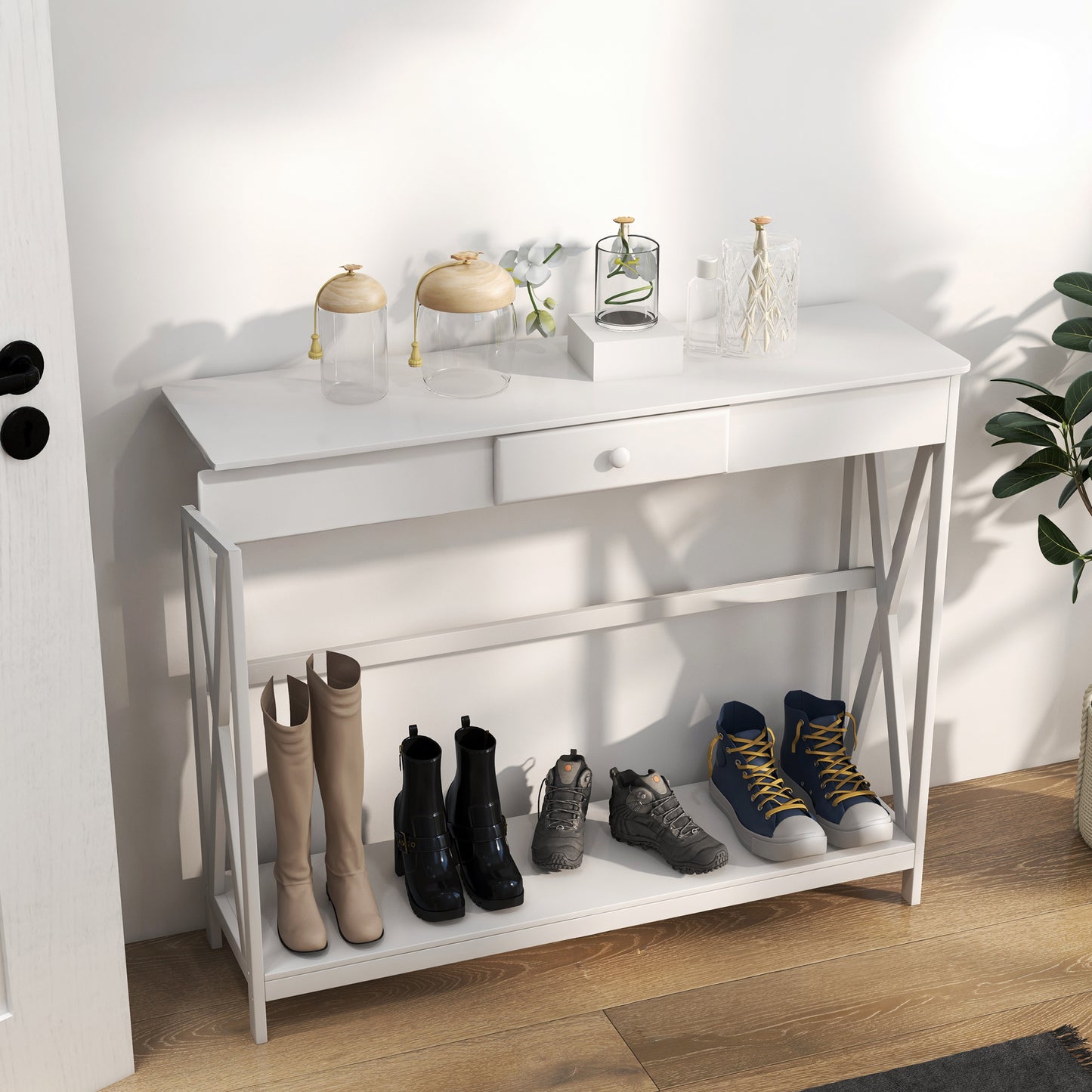 39" X-Design Console Table with Drawer and Storage Shelf, White