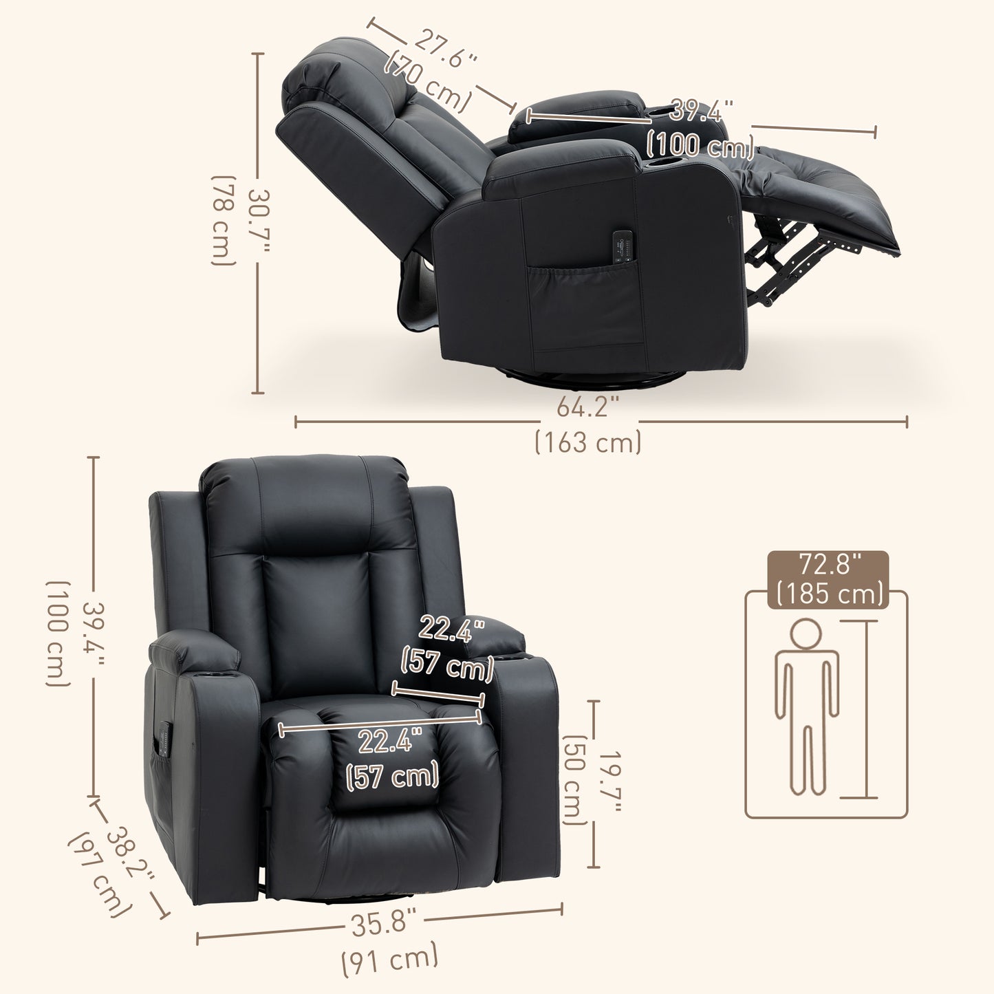360° Swivel Massage Recliner Chair with Cup Holders, Black
