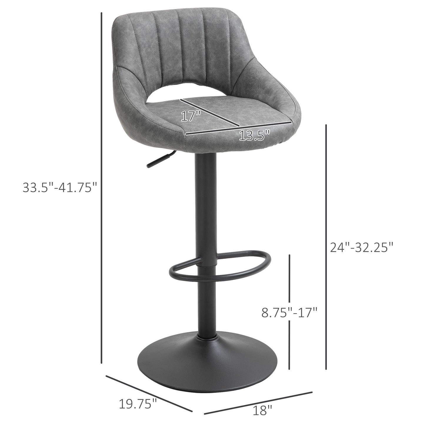 Adjustable Height Swivel Bar Stools with Faux Leather Upholstery, Grey (Set of 2)