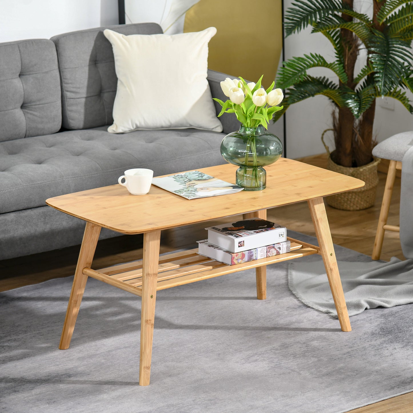 2-Tier Bamboo Coffee Table with Storage Shelf, Natural