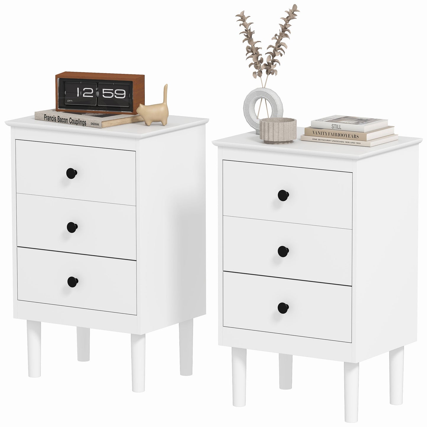 3-Drawer Modern Bedside Tables with Anti-Tip Design, White (Set of 2)