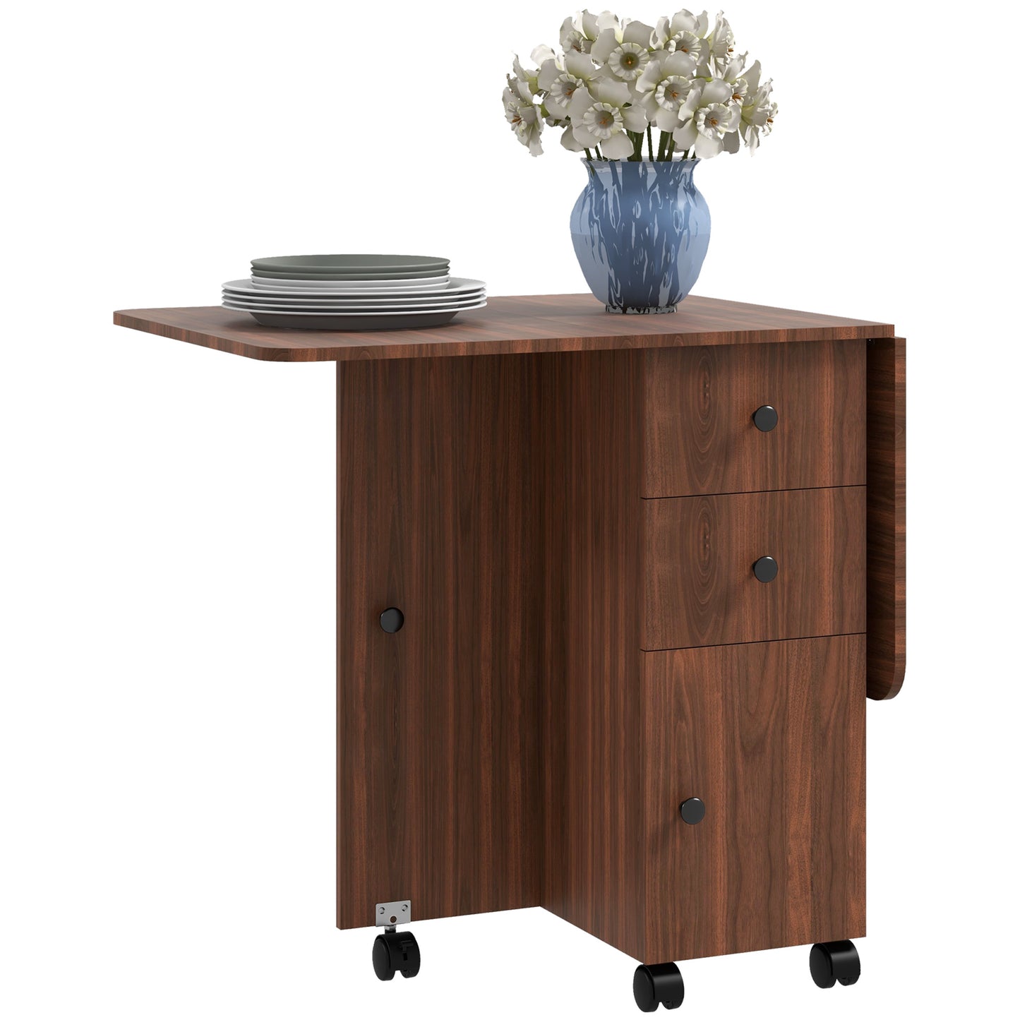 Drop Leaf Dining Table with Drawers and Cabinet - Brown