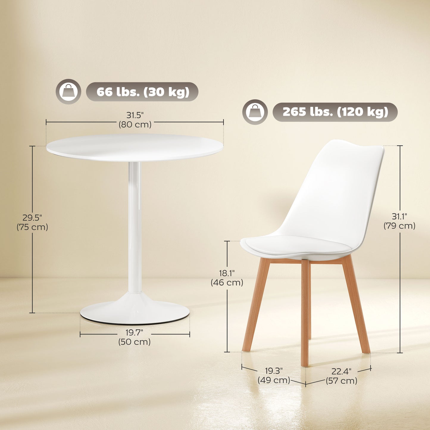 Round Dining Table Set with 4 Padded Chairs and Pedestal Base, White